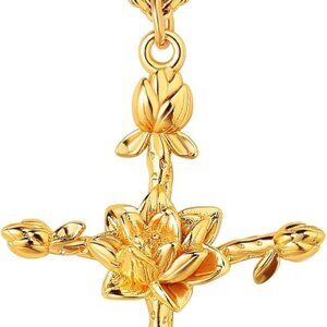 Gold Birth Flower Cross Necklace for Women 12 Month Faith Pendent 18K Gold Plate